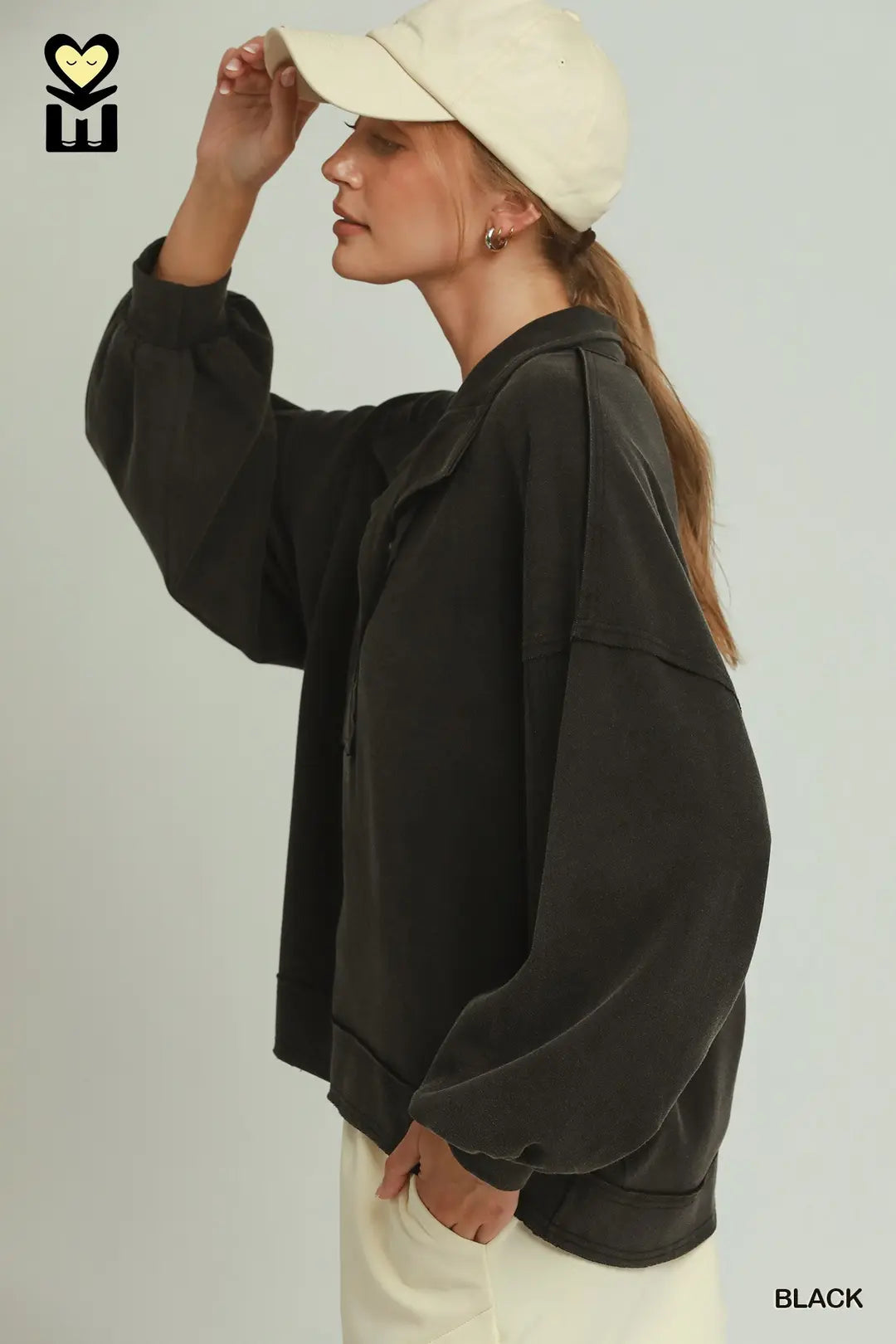 Mineral Washed Oversized Pullover Top Black
