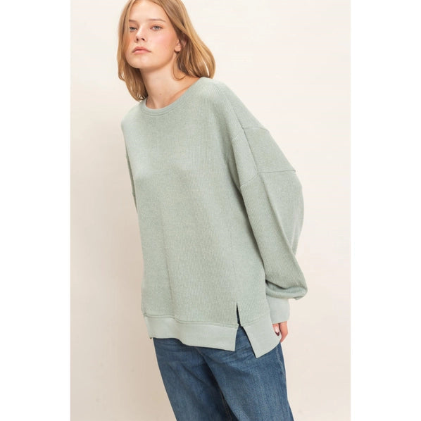 Ribbed Boat Neck Knit Top in Sage