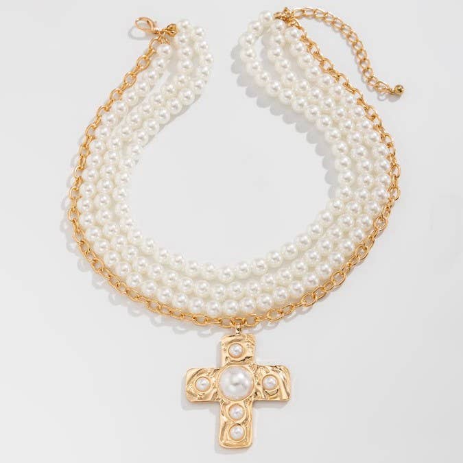 MULTI WRAP PEARL BEADED CROSS CHARM NECKLACE | GOLD