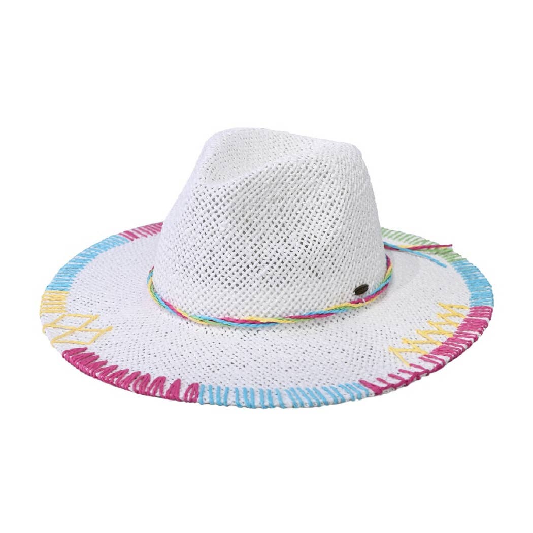 Multi-Colored Stitched Brim Panama Hat: DK.NATURAL / ONE SIZE