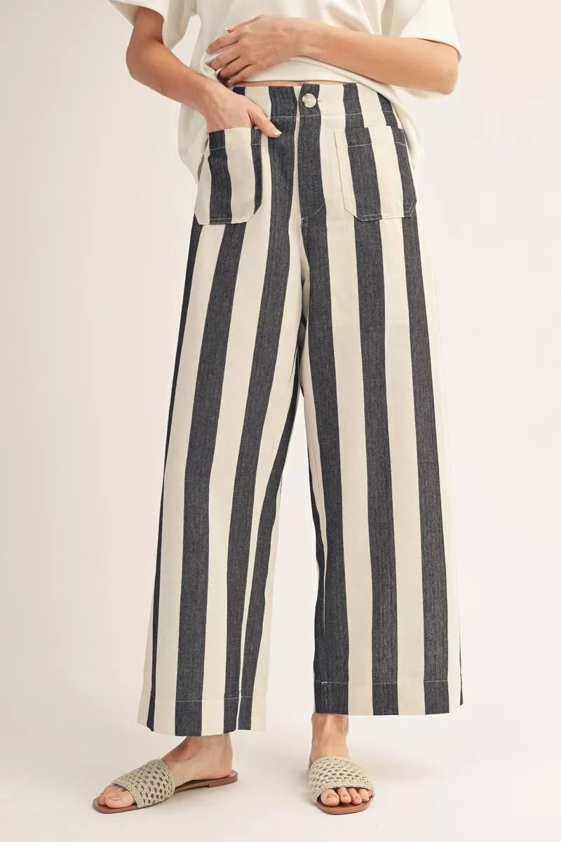 High Waist Wide Leg Bold Stripe Pants in Black