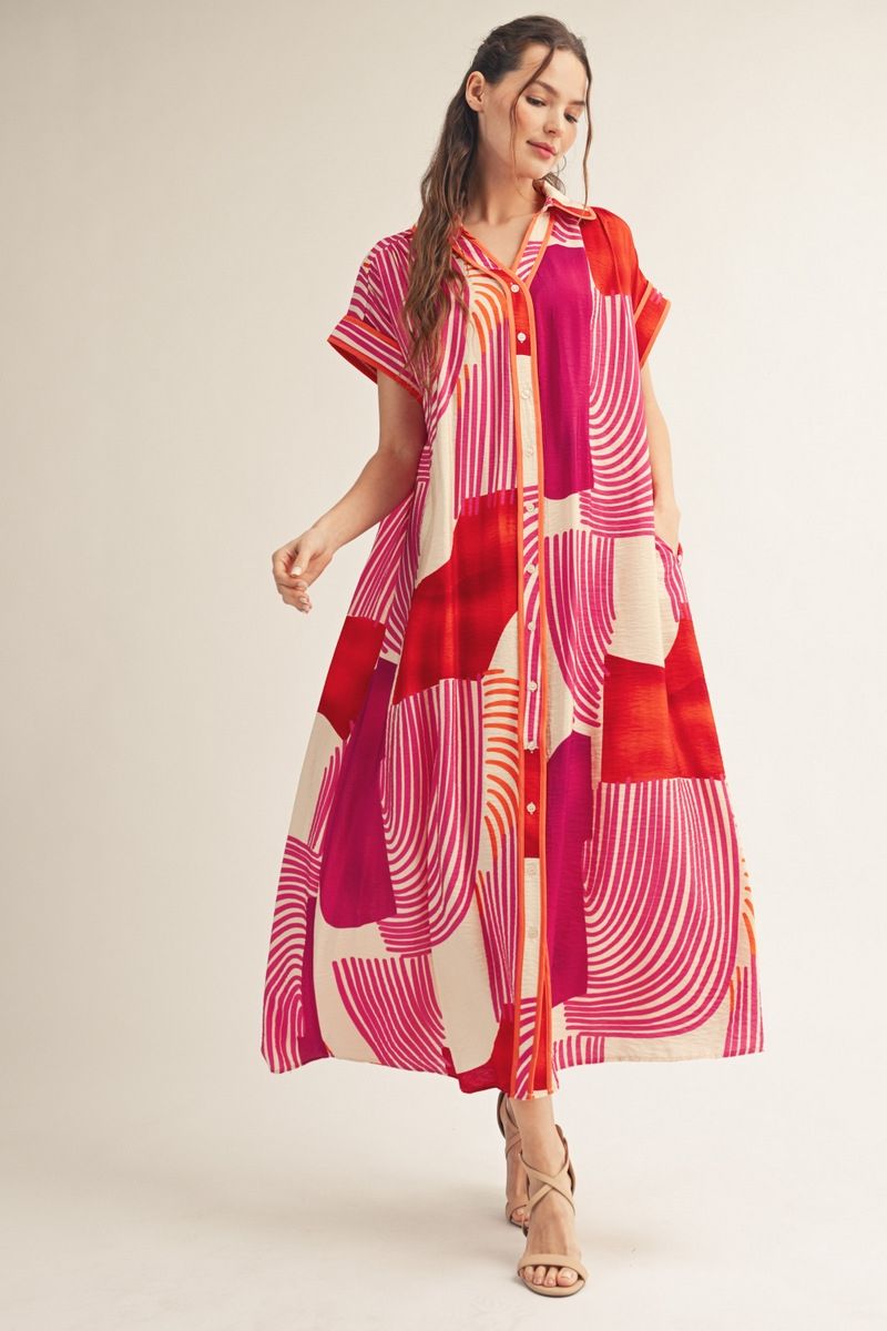 Magenta Geo Print Midi Dress