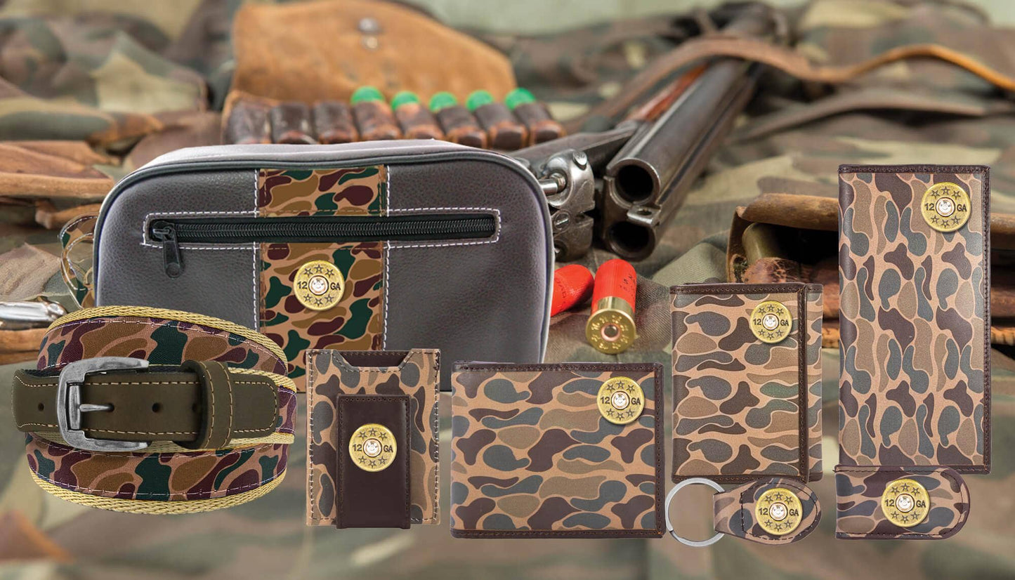 Shotshell Men's Magnetic Front Pocket Old School Camo Leather Wallet.: Brown/Tan Camo