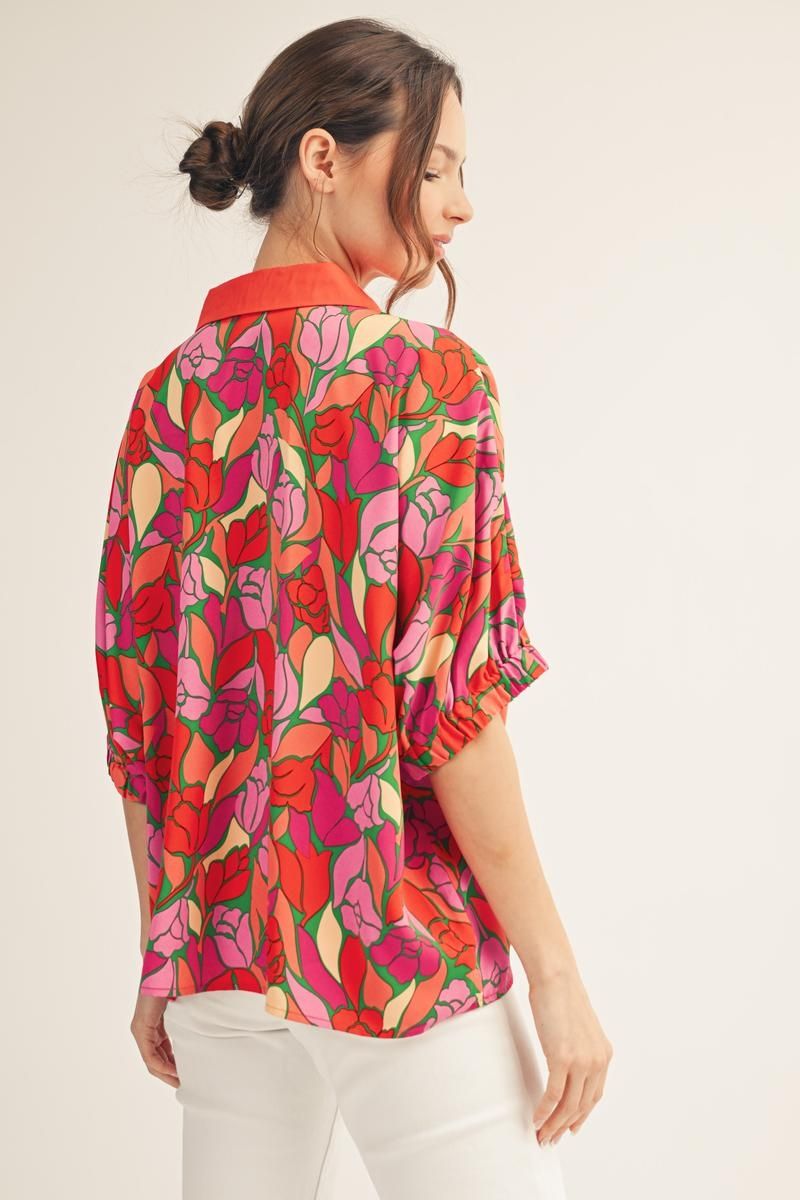 Drop Shoulder Floral Top with Scallop Trim Detail