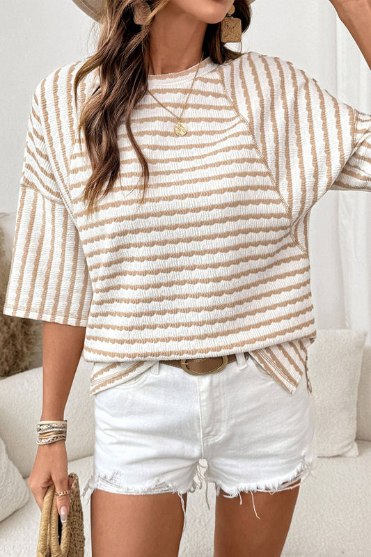 Stripe Textured Knit Split Hem Half Sleeve Top | Apricot