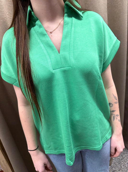 V Neck Collard Top Green