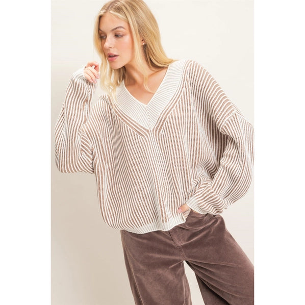 Striped V-Neck Ribbed Sweater in Taupe