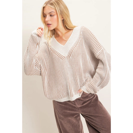 Striped V-Neck Ribbed Sweater in Taupe