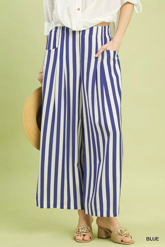 Stripe Pleated Wide Leg Pants in Blue