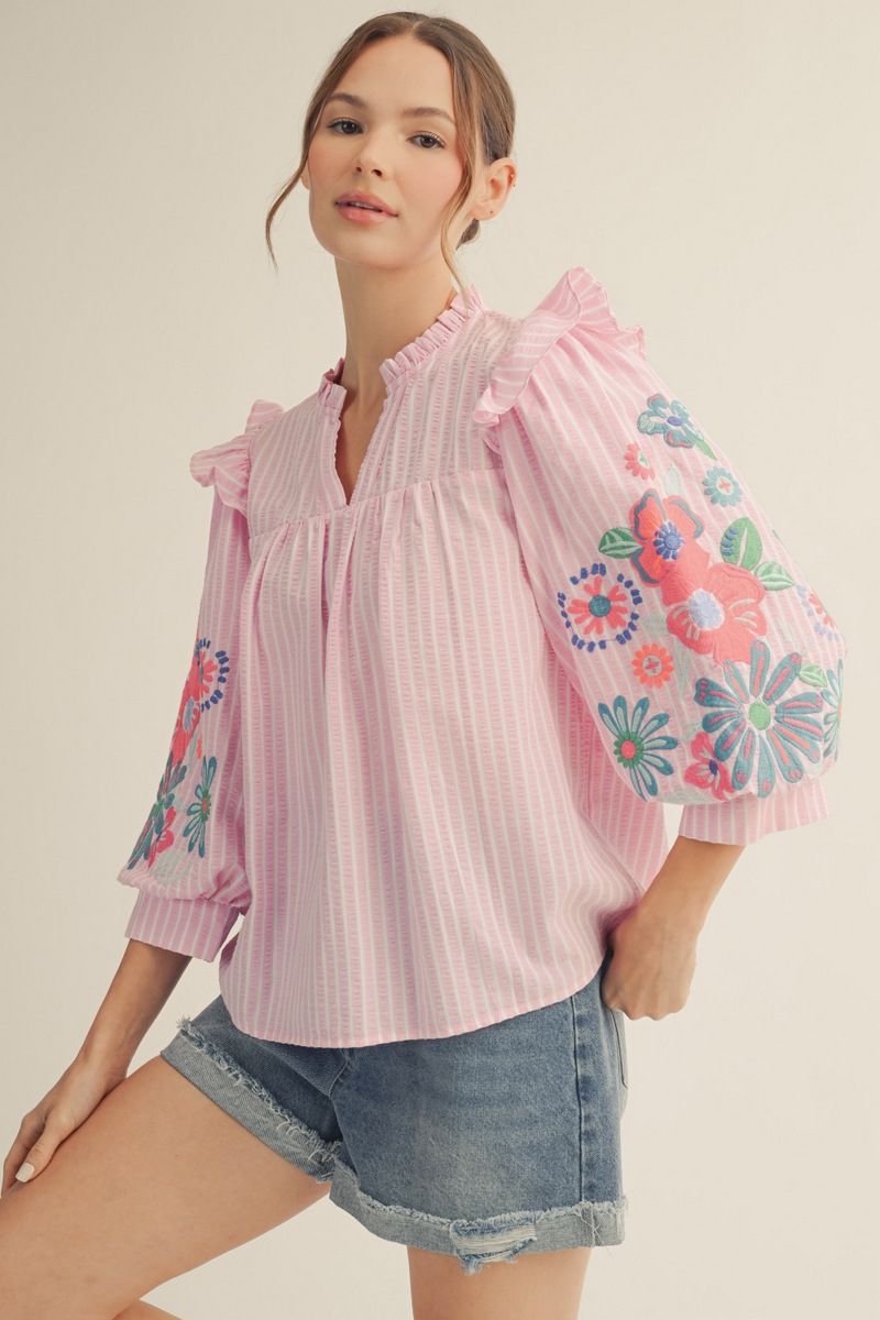 Embroidered Puff Sleeve Stripe Top Pink