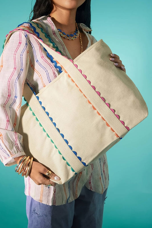 Color Block Colorful Ricrac Detail Canvas Tote Bag: White