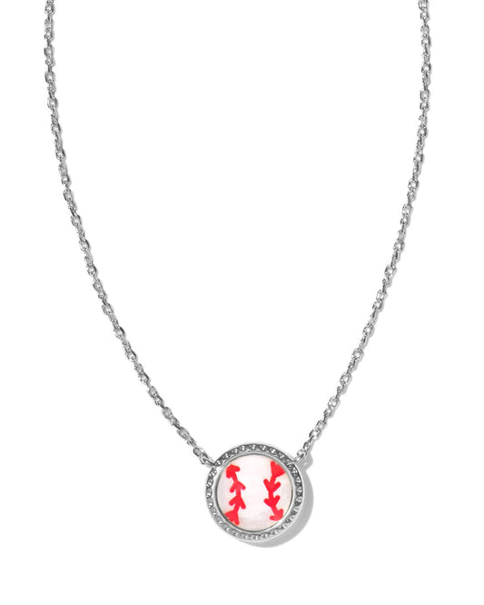 Baseball Short Pendant Necklace in Rhodium Ivory Mother of Pearl