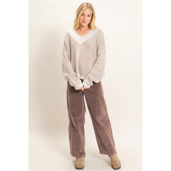 Striped V-Neck Ribbed Sweater in Taupe