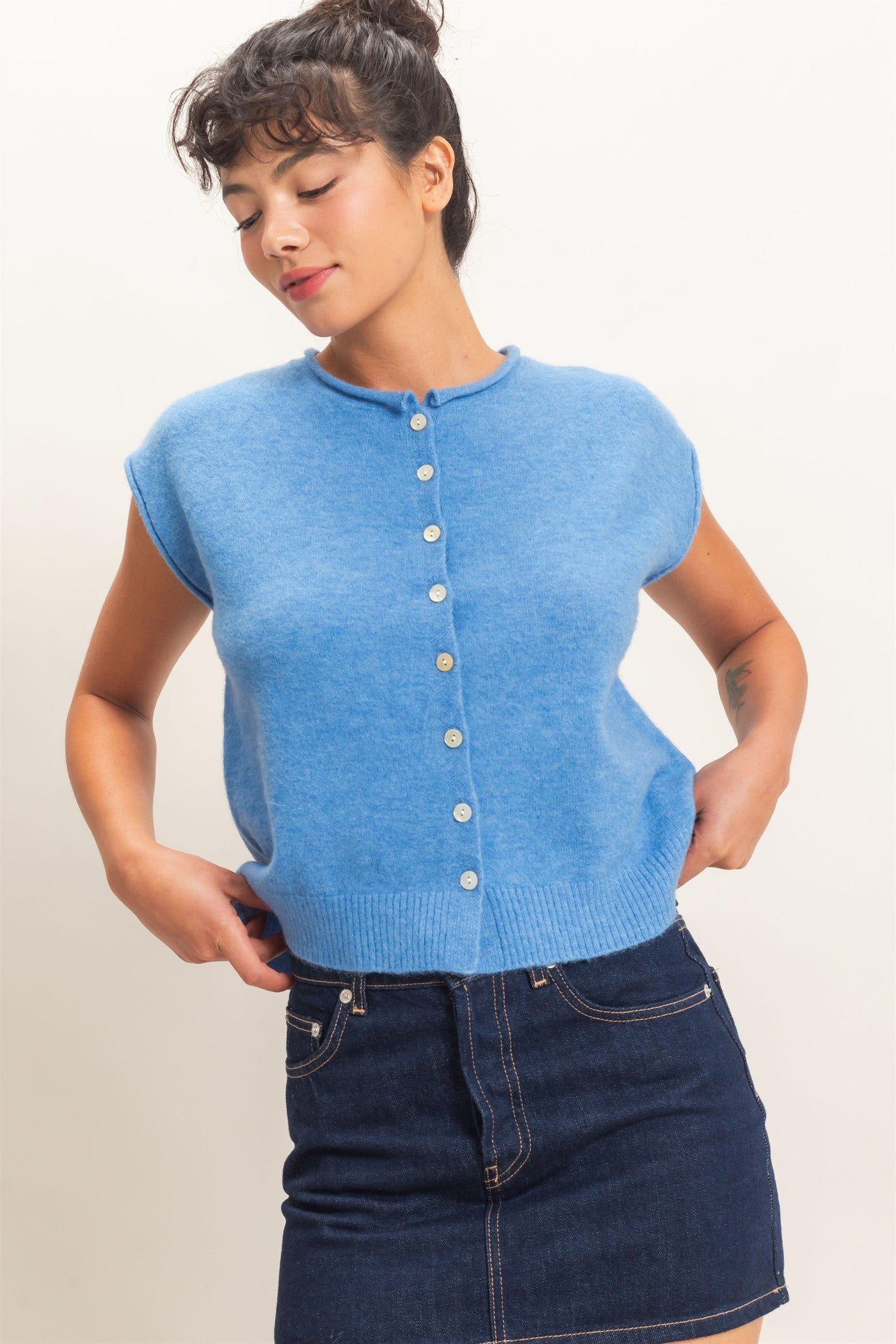 Rolled Edge Button Front Sweater Vest in Blue