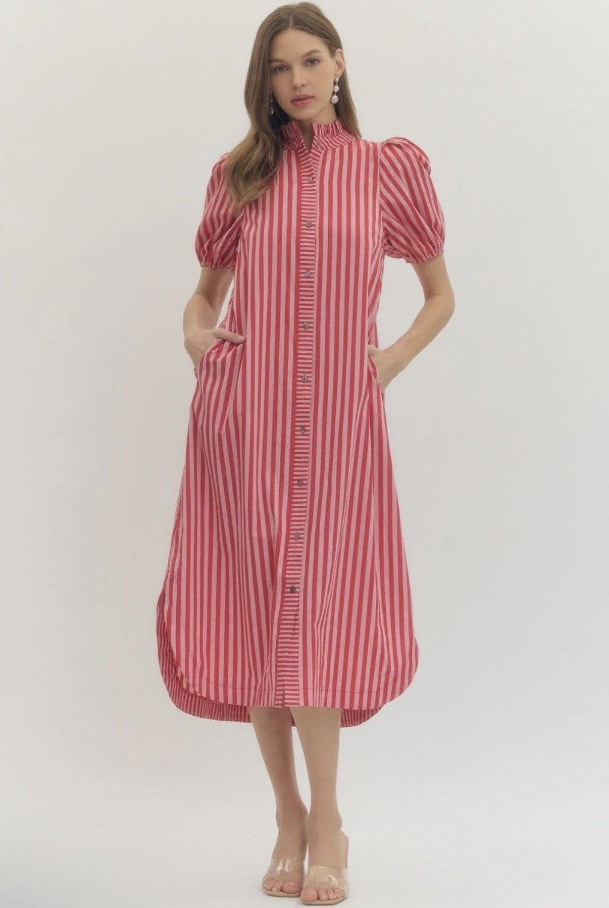 Stripe Print Puff Sleeve Midi Dress