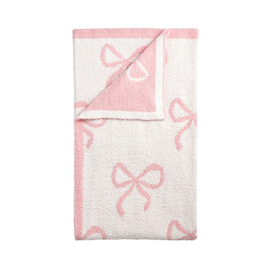 White/Pink Bow Chenille Blanket