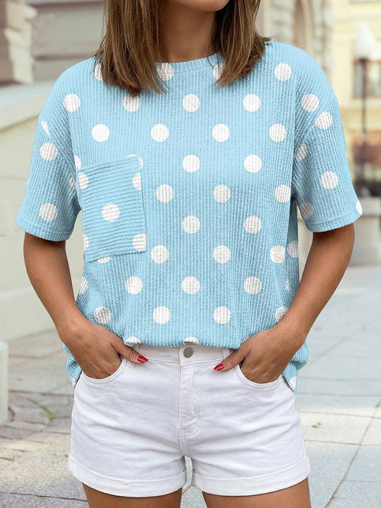Polka Dot Round Neck Pocket Patched Short Sleeve Blouse