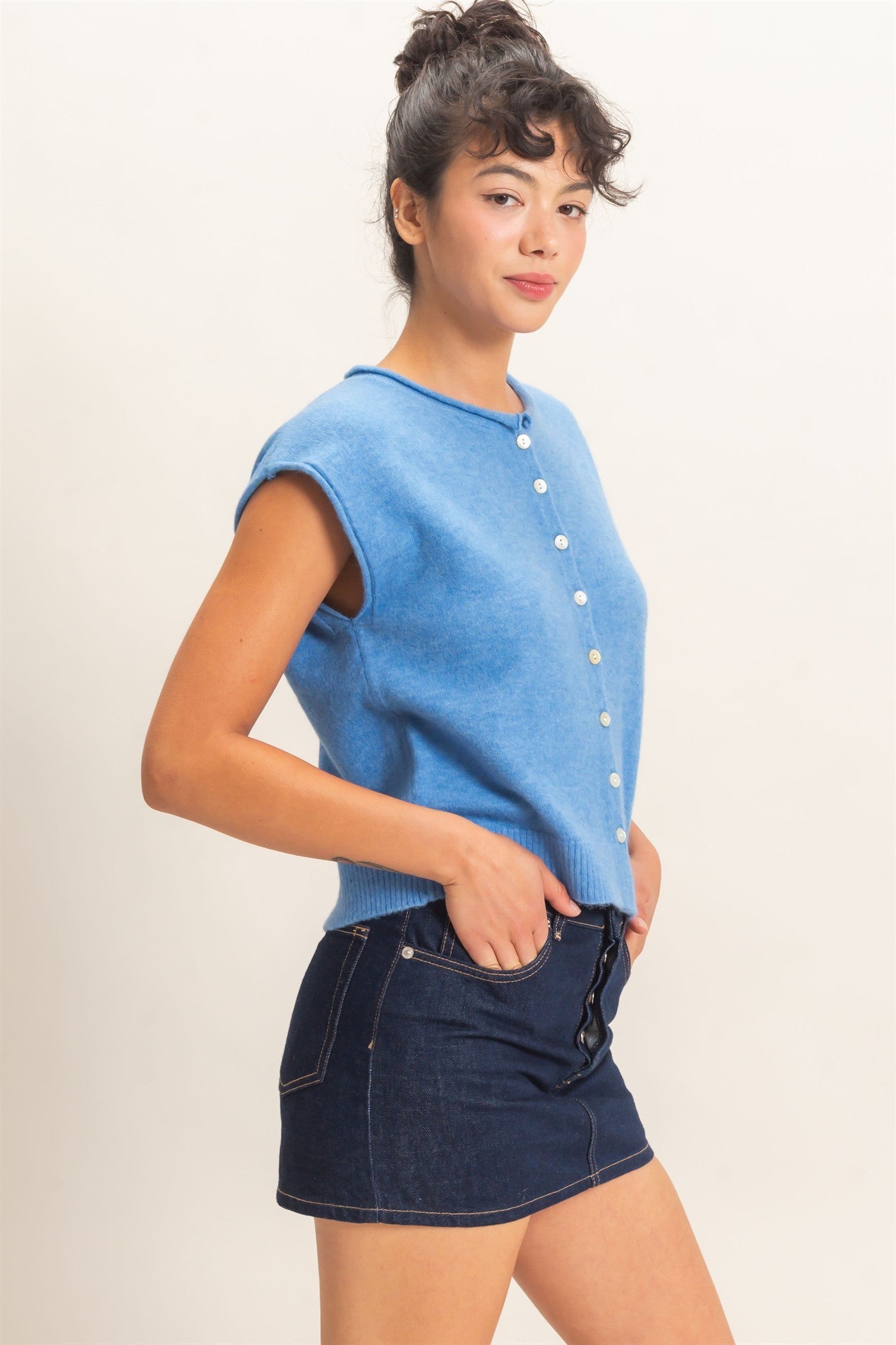 Rolled Edge Button Front Sweater Vest in Blue