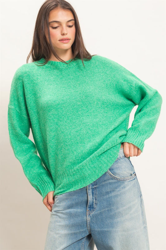 Ribbed Crew Neck Sweater in Green