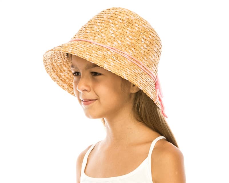 Kids Raffia Straw Bucket Hat with Bow Pink