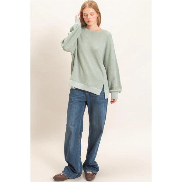 Ribbed Boat Neck Knit Top in Sage