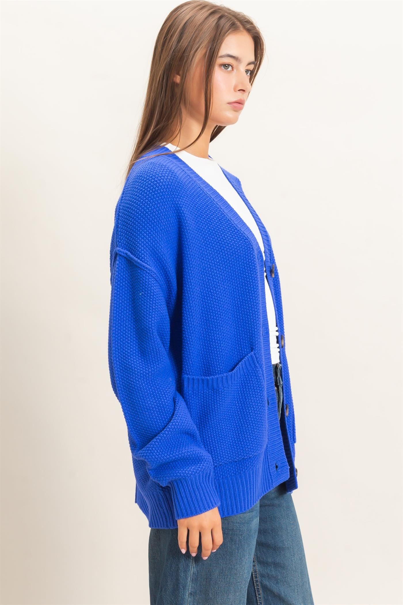 Textured Oversized Knit Cardigan in Cobalt