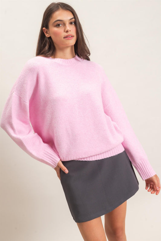 Ribbed Crew Neck Sweater in Pink