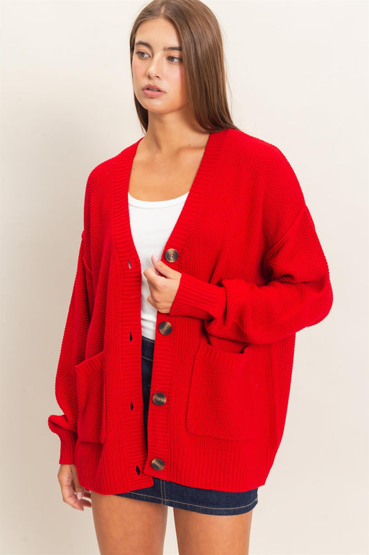 Textured Oversized Knit Cardigan in Red
