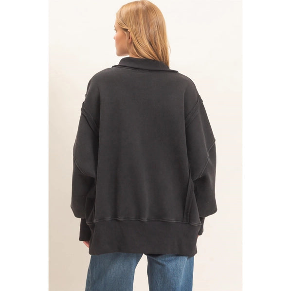 Mineral Wash Snap Collar Pullover in Black
