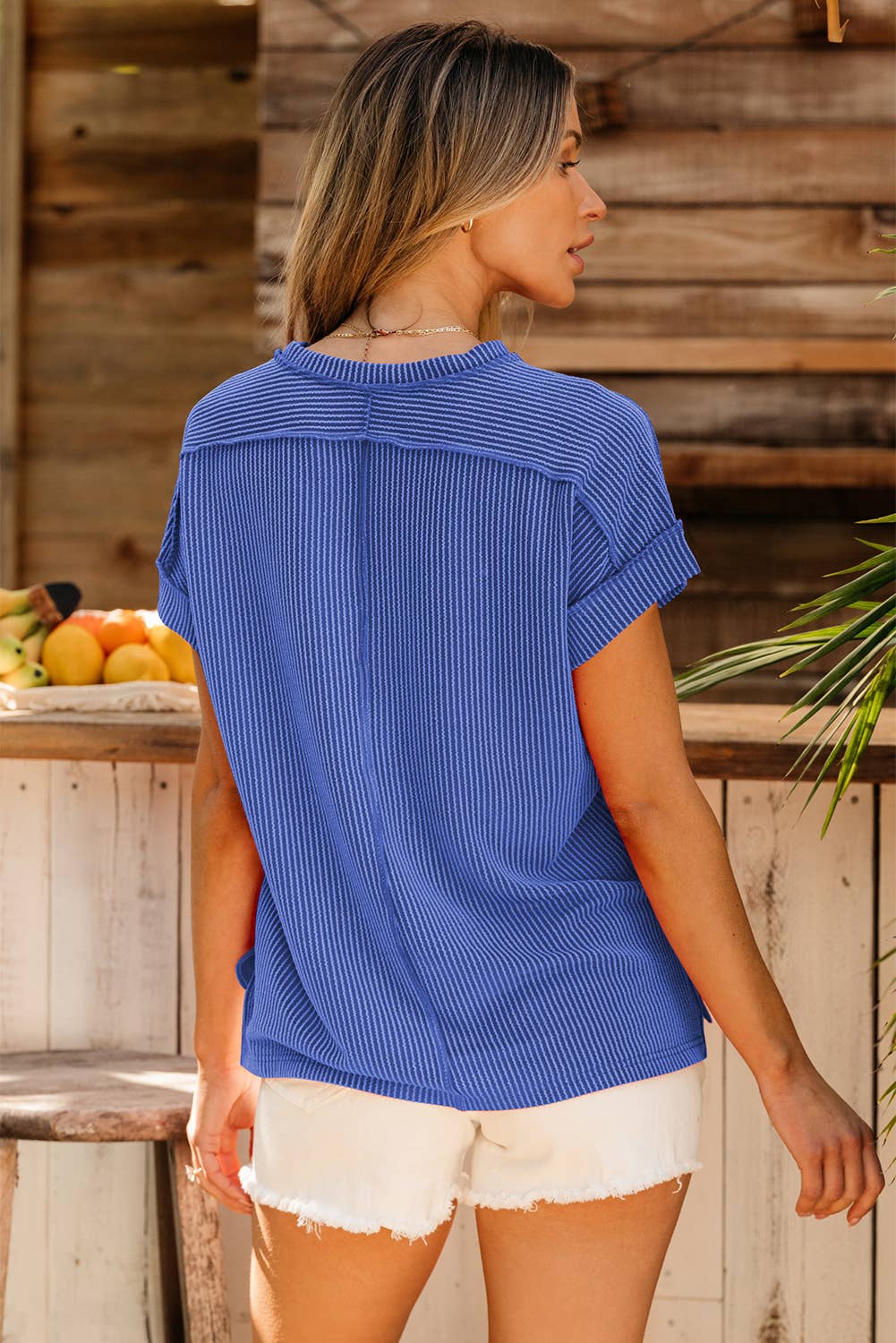 Textured Knit Exposed Stitching T-shirt : Dark Blue
