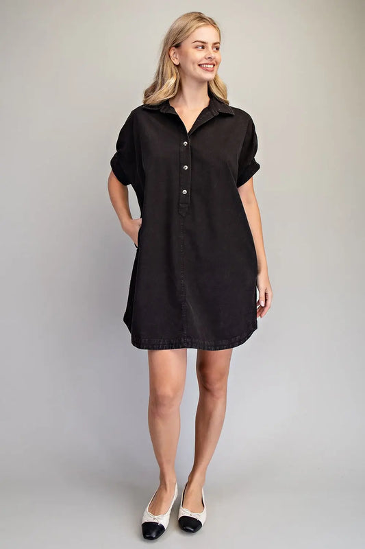 Mineral Washed Mini Shirt Dress in Ash Black