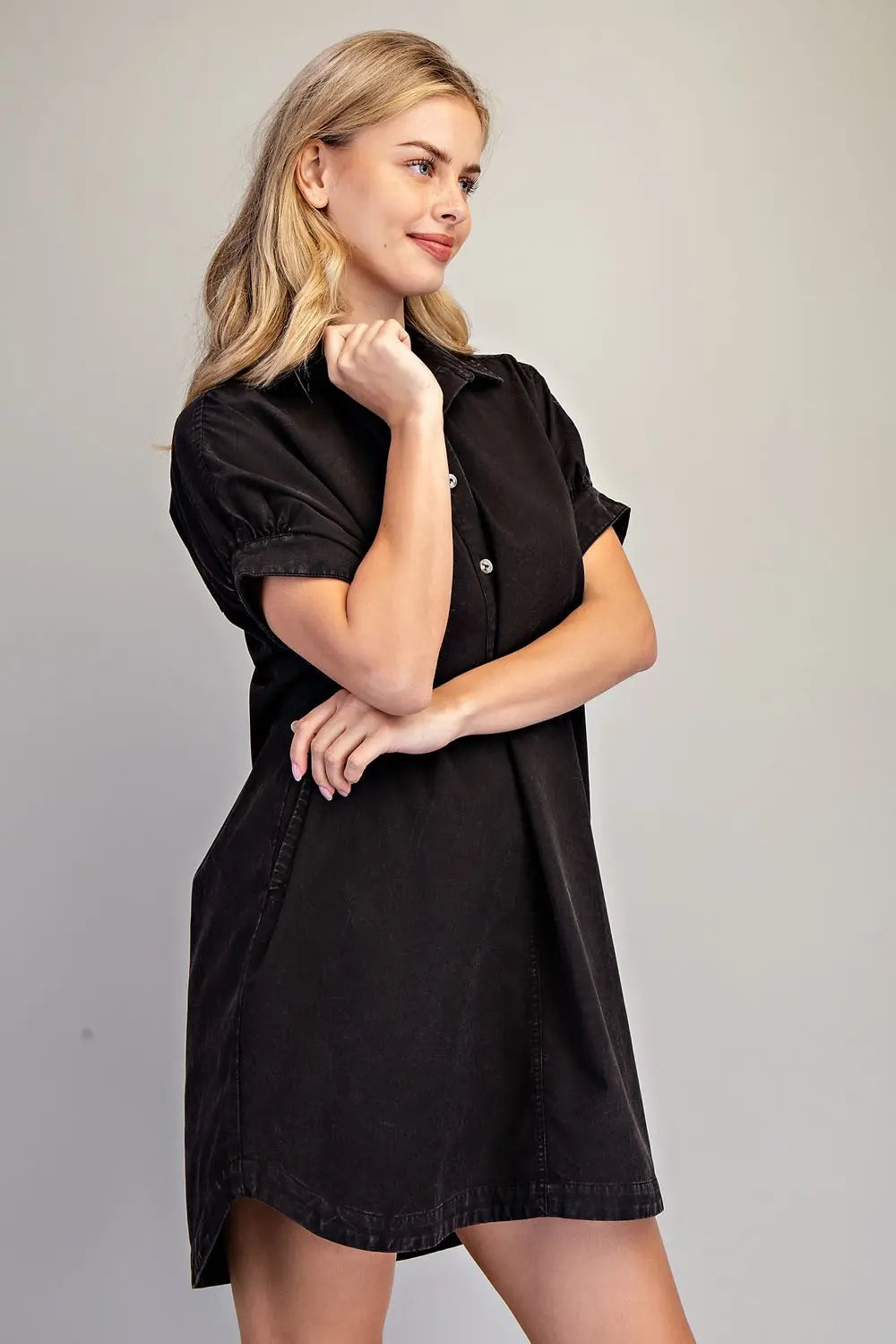 Mineral Washed Mini Shirt Dress in Ash Black