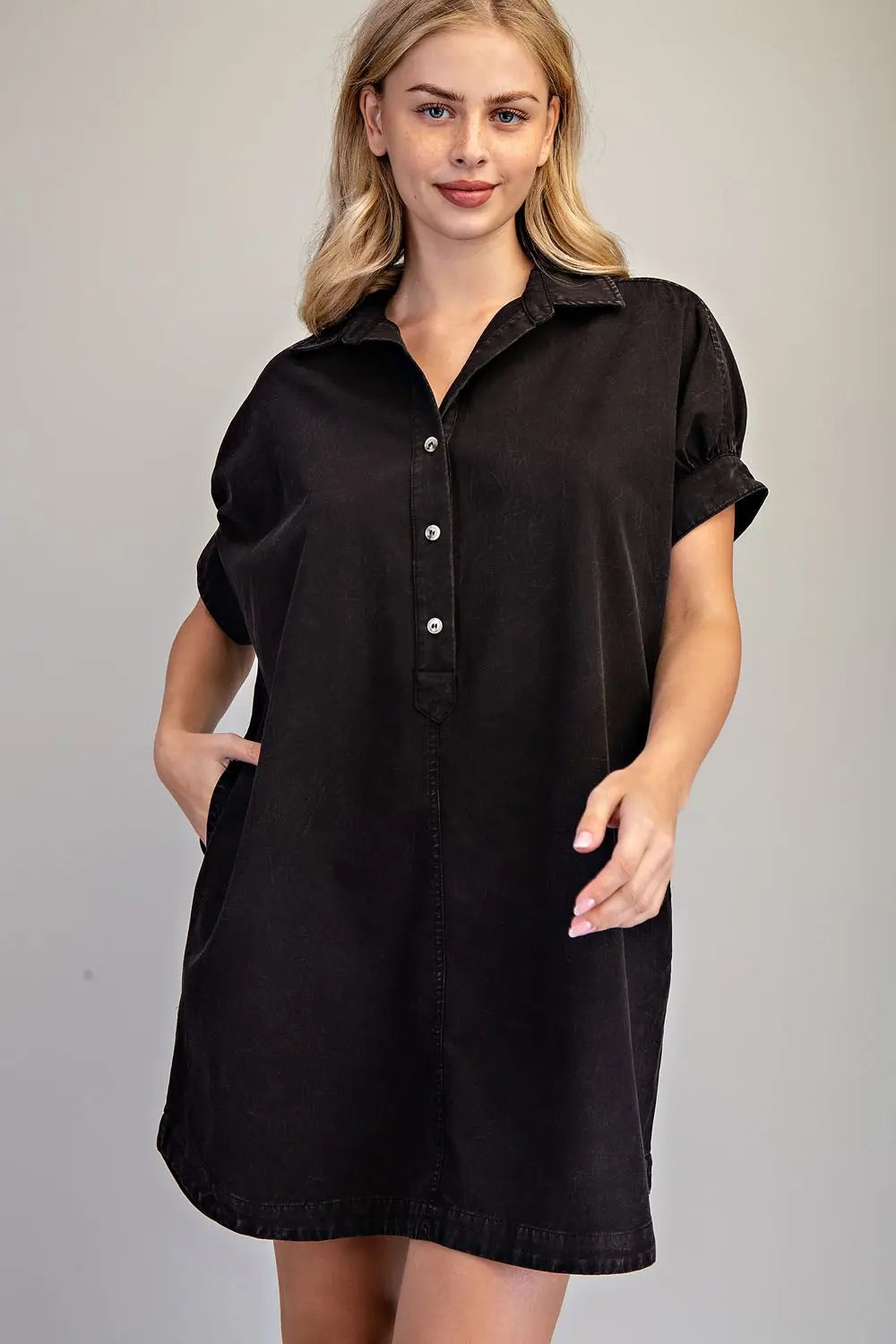 Mineral Washed Mini Shirt Dress in Ash Black