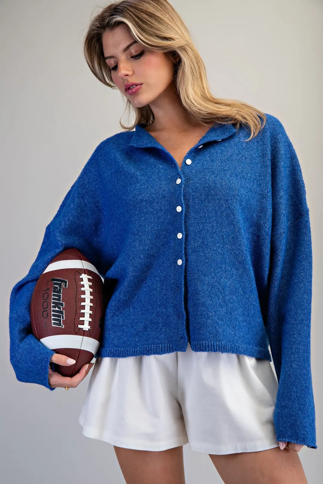 Solid Button Down Long Sleeve Cardigan in Royal Blue