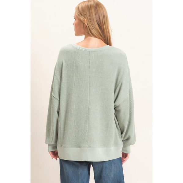 Ribbed Boat Neck Knit Top in Sage