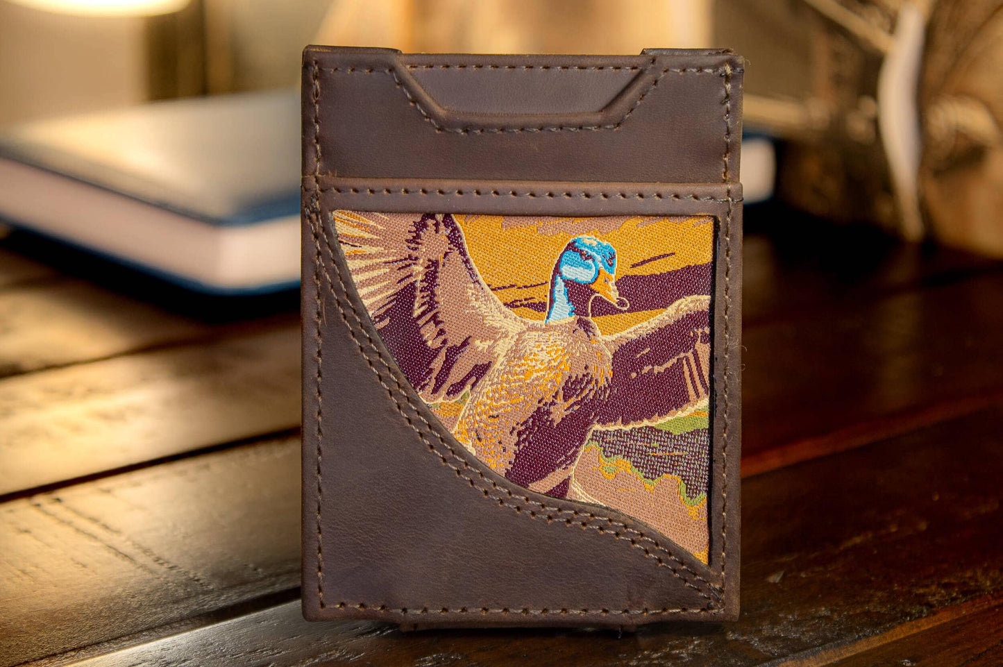 Mallard Men's Magnetic Front Pocket Woven Patch Leather Wallet.