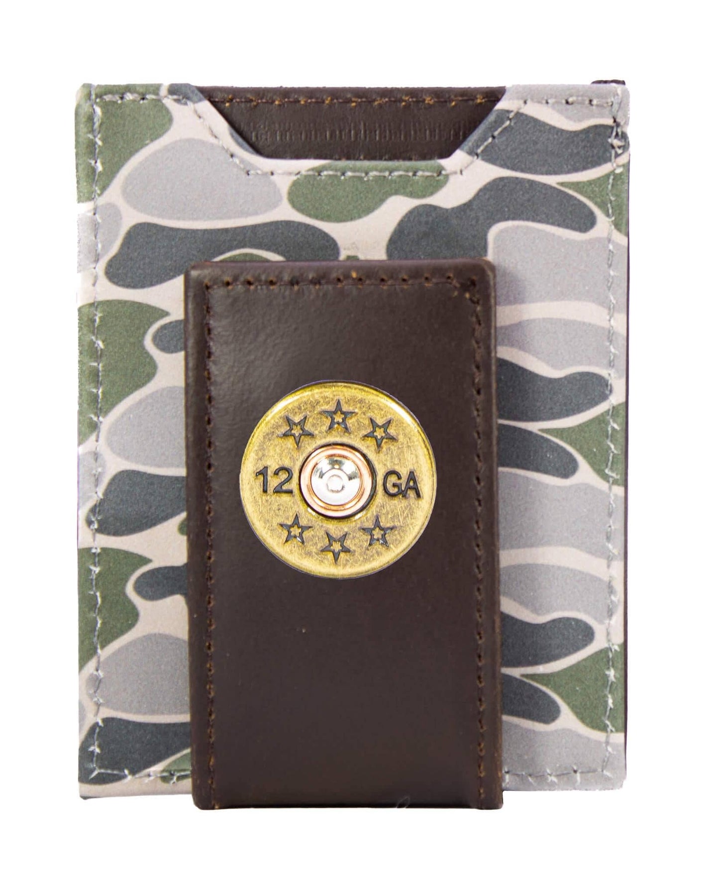 Shotshell Men's Magnetic Front Pocket Old School Camo Leather Wallet.: Brown/Tan Camo