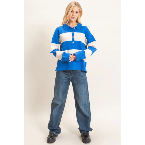 Blue Striped Button-Up Sweater