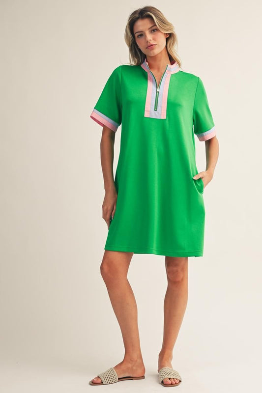 Mock Neck Preppy Front Zip Dress