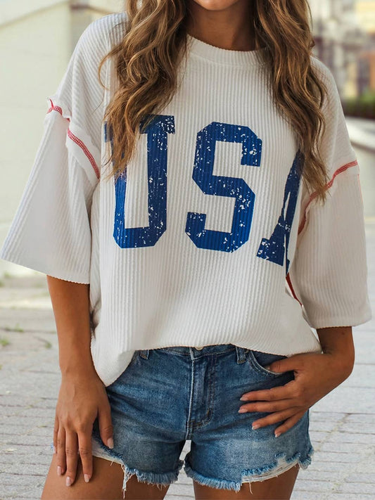 USA Graphic Half Sleeve Loose Ribbed Top