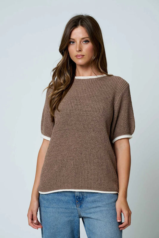 Puff Sleeve Ribbed Knit Sweater in Mocha