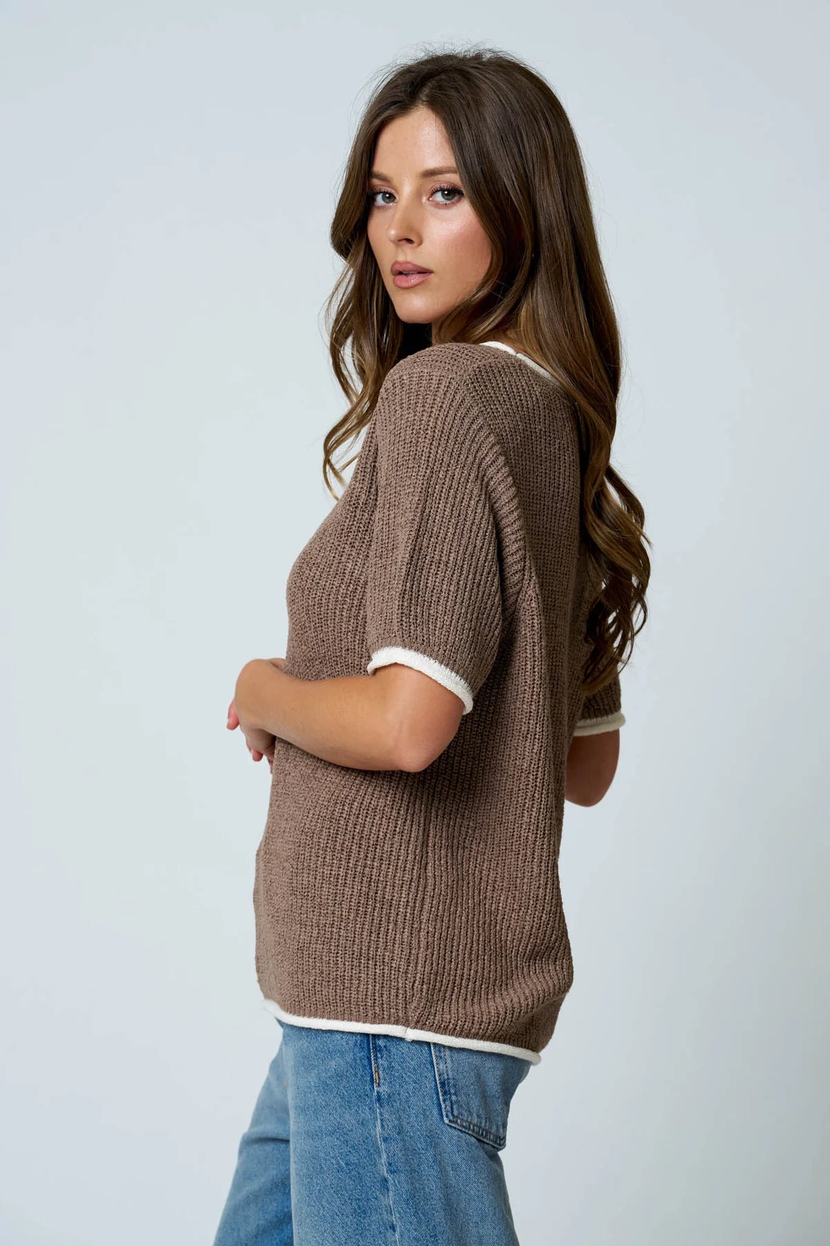 Puff Sleeve Ribbed Knit Sweater in Mocha