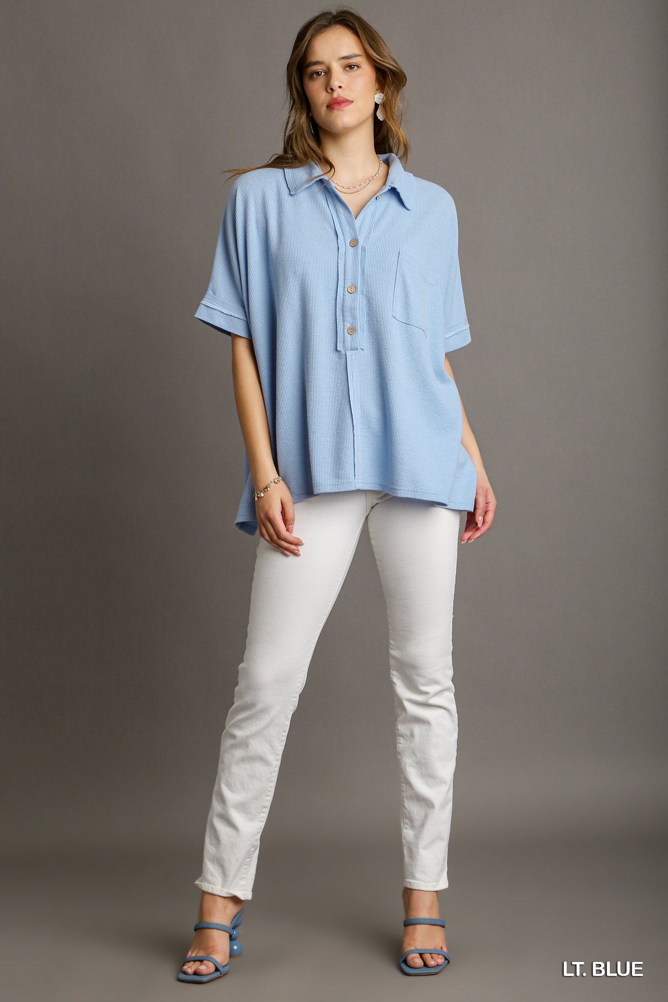 Waffle Button Top Lt Blue