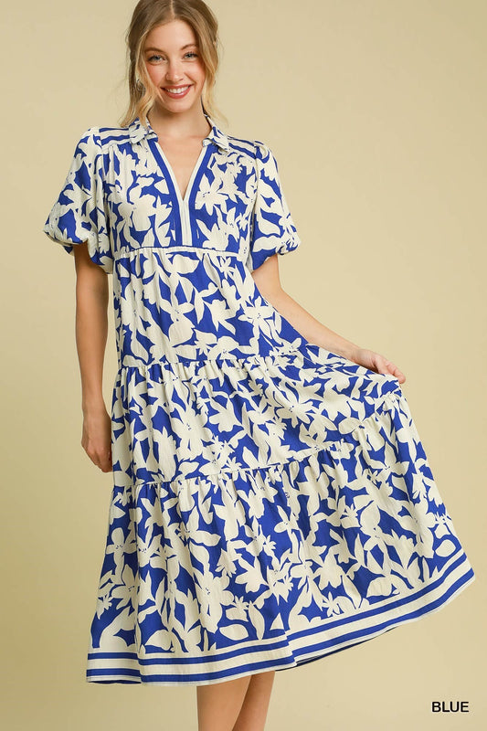 Puff Sleeve Midi Dress in Blue