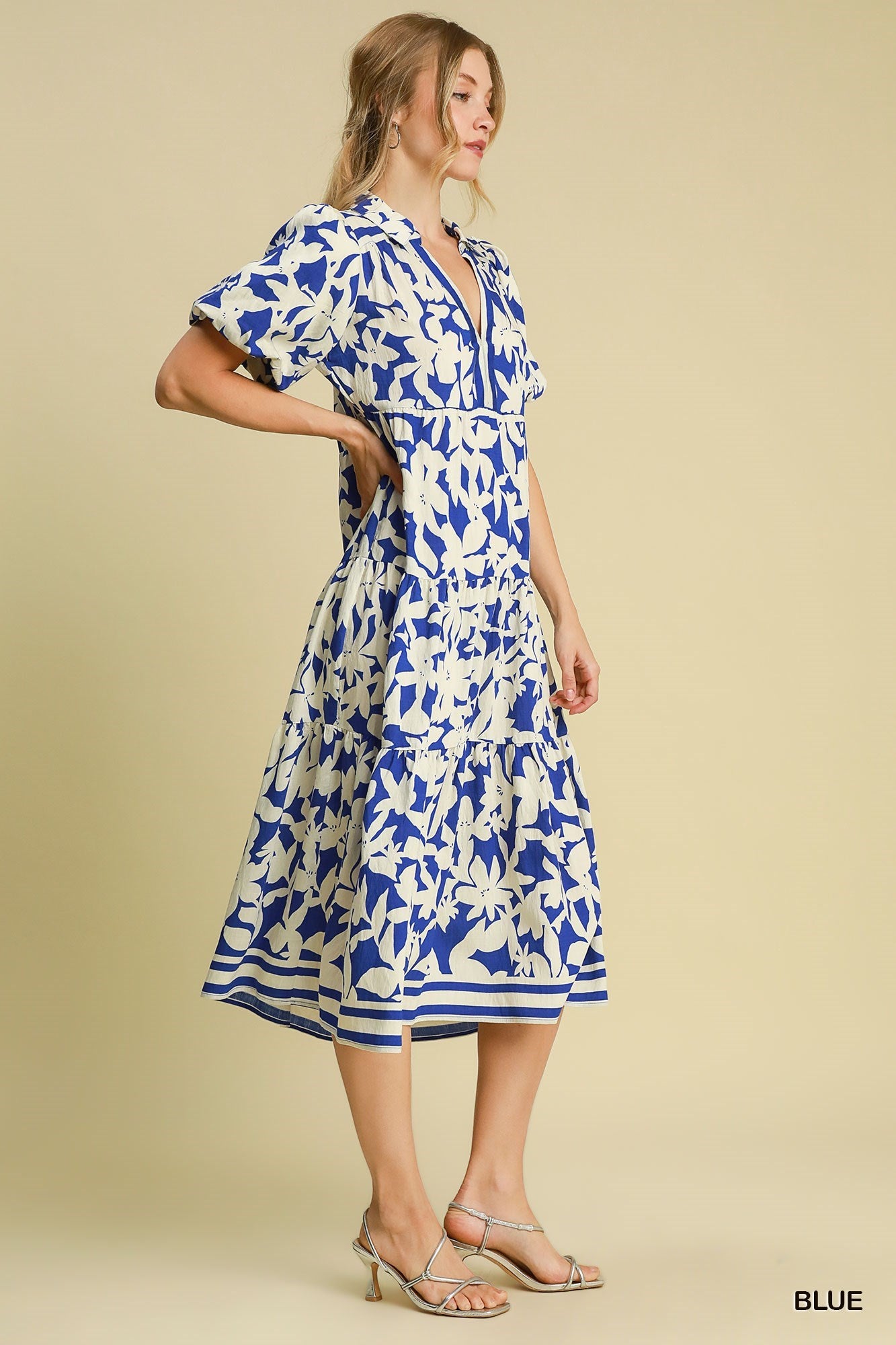 Puff Sleeve Midi Dress in Blue
