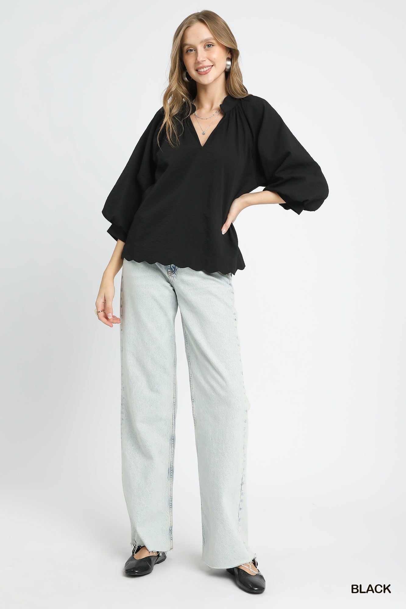 Scalloped Vneck Top in Black