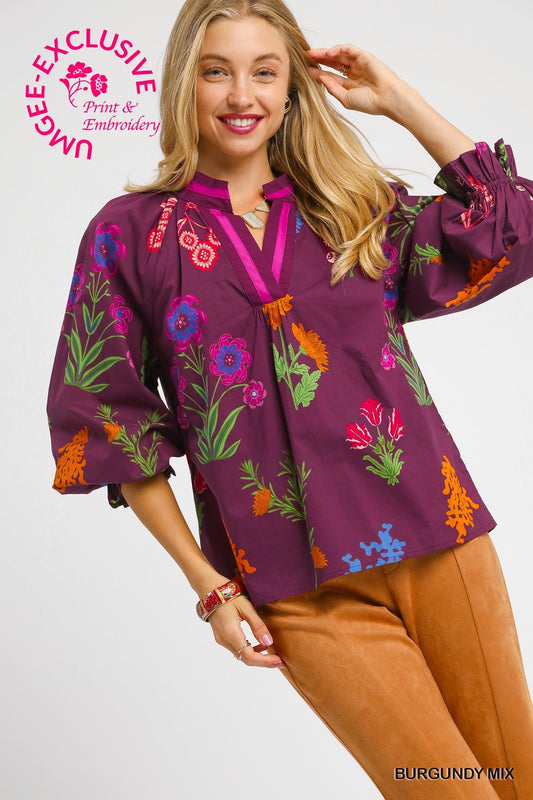Burgundy Mix Vneck Collared Top