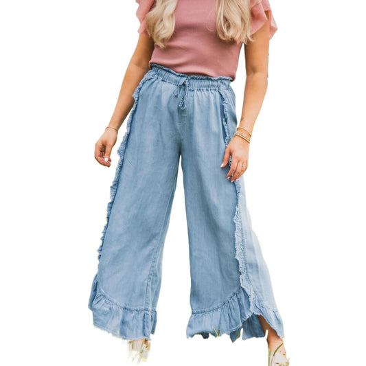 Denim Pants with Ruffle Trim