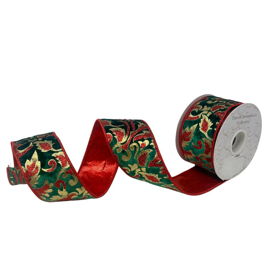 Glitter Print Leaf Pattern on Green Velvet Ribbon