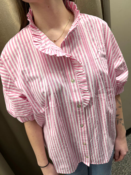 Ruffle Neck Stripe Button Up Pink
